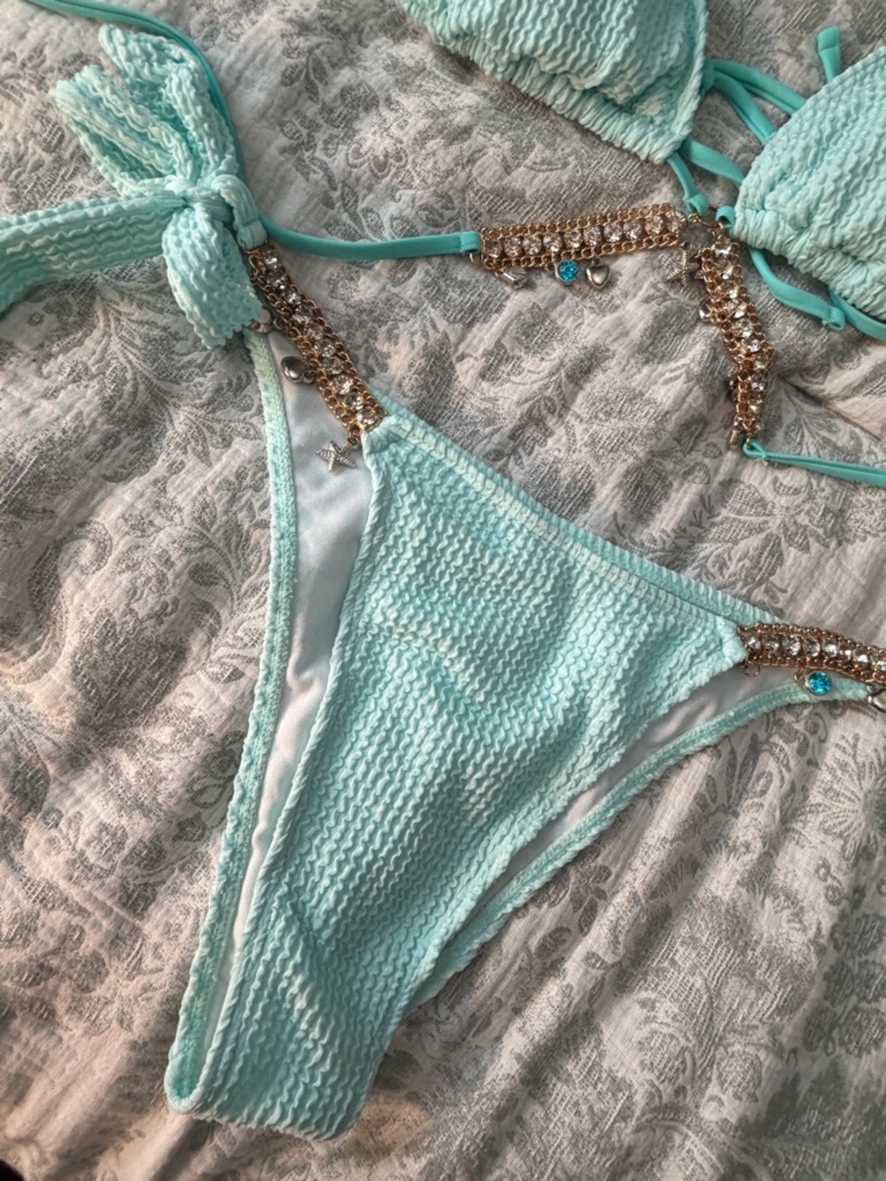 Mint Textured Bikini Set Rhinestone Beachy Chain Detail Size L - Picture 4 of 7